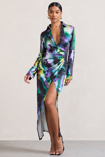 Oasis Watercolour Print Satin Long-Sleeved Maxi Shirt Dress